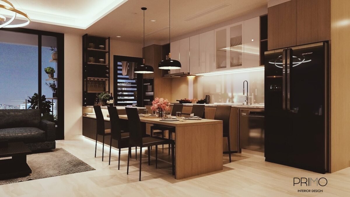 Không gian bếp và bàn ăn nối liền đảo bếp căn hộ Diamond Island với tủ bếp âm tường hiện đại và hệ đèn hắt ấm cúng