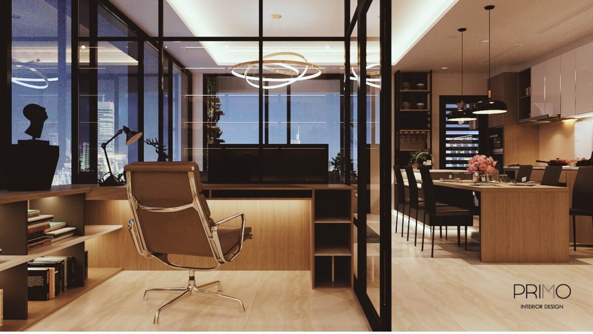 Phòng làm việc vách kính hiện đại tại căn hộ Diamond Island với góc nhìn panorama toàn cảnh thành phố lung linh