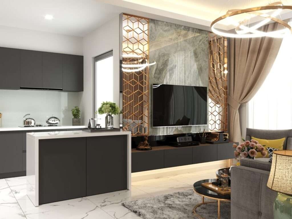 Gương Lớn Mở Rộng Không Gian: Mảng tường gương màu vàng đồng (bronze mirror) đối diện bàn ăn không chỉ là điểm nhấn trang trí độc đáo mà còn nhân đôi không gian, tạo cảm giác rộng rãi và lung linh cho khu vực ăn uống.