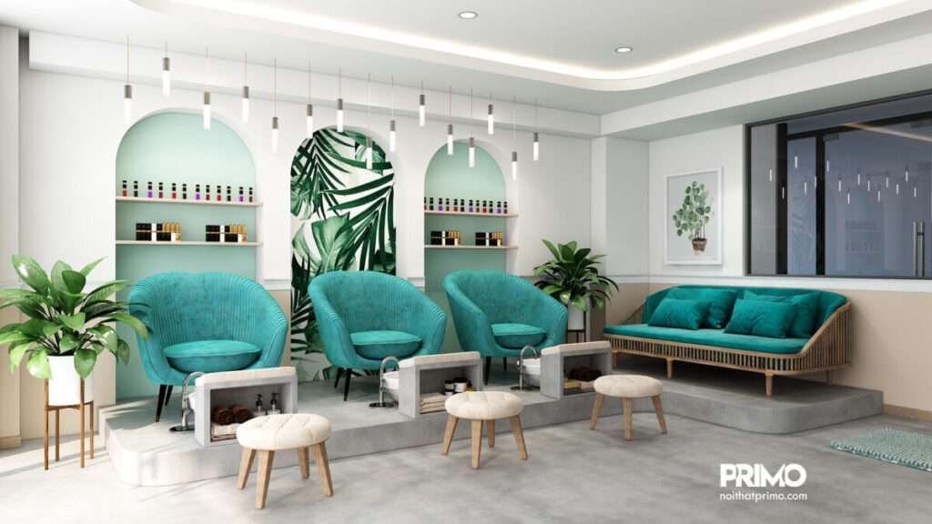 Thiết kế quán cafe và nail salon với phong cách Tropical tươi mát. Phong cách thiết kế nhất quán tạo nên không gian liền mạch xinh xắn và sang trọng